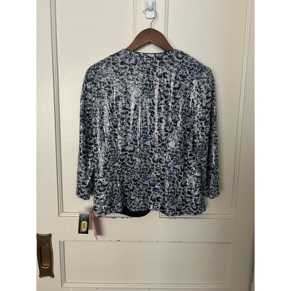 Alex Evenings Sequin Animal Print Full Zip Blazer Womens Size LP Black Blue NWT - Picture 3 of 8
